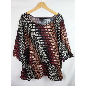 Susan Lawrence Women's Top Plus Size 1X Burgundy Squares 3/4 Sleeve Shirt